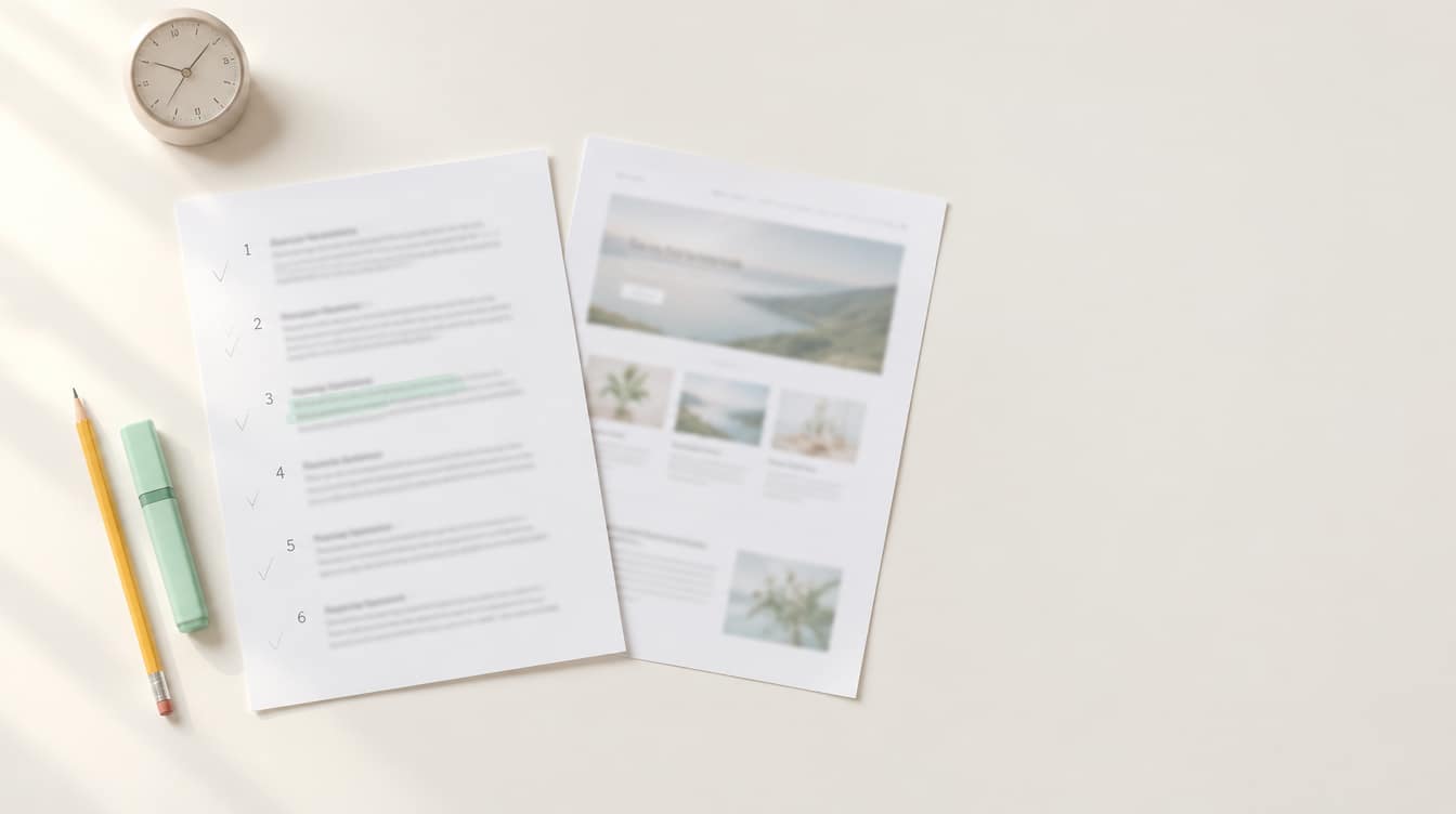 A printed one-page prep sheet with six numbered lines on a light desk, one line marked in mint highlighter, beside a printed homepage, with a small desk clock, a pencil and a highlighter.