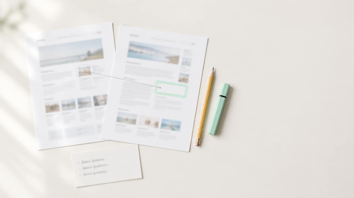 Two printed web pages side by side on a light desk, a pencil arrow running from one to an empty area on the other marked in mint highlighter, with an index card, a pencil and a highlighter.