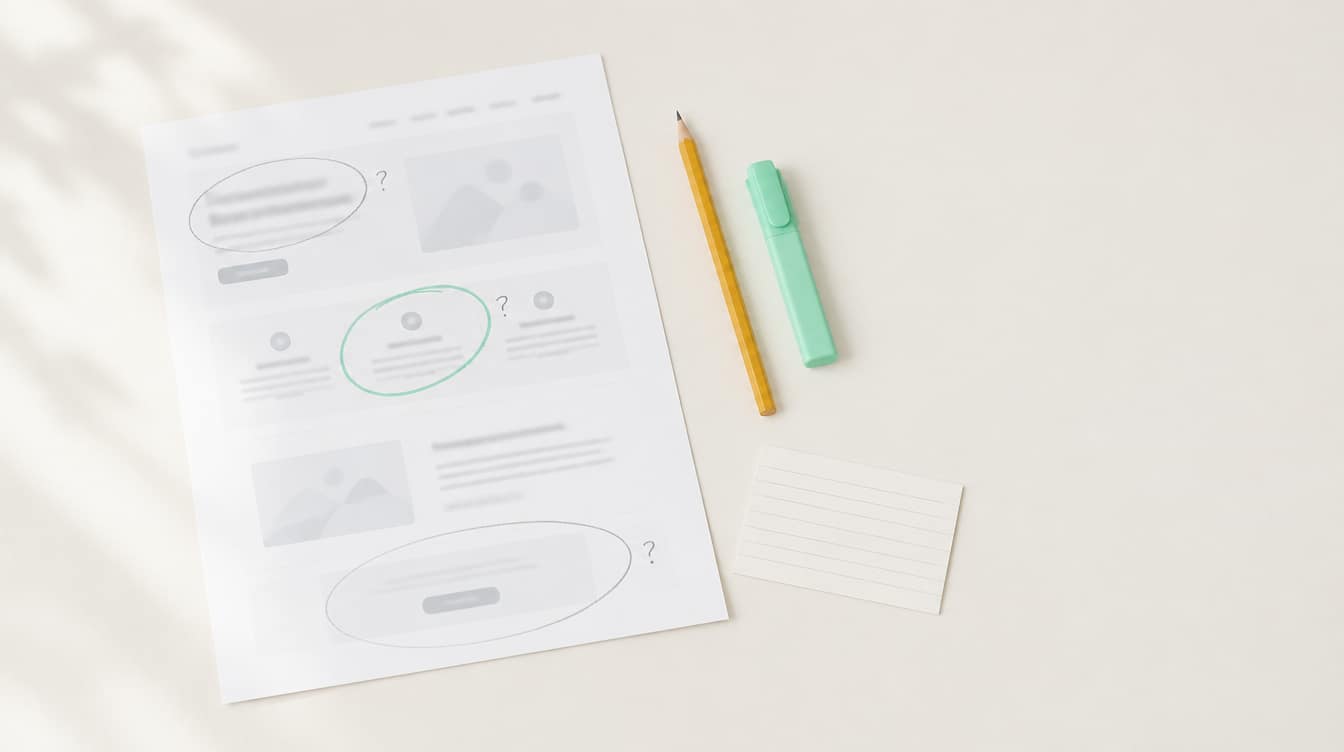 A printed homepage on a light desk with three areas circled in pencil, a question mark beside each, one circle marked in mint highlighter, and a blank index card beside it.