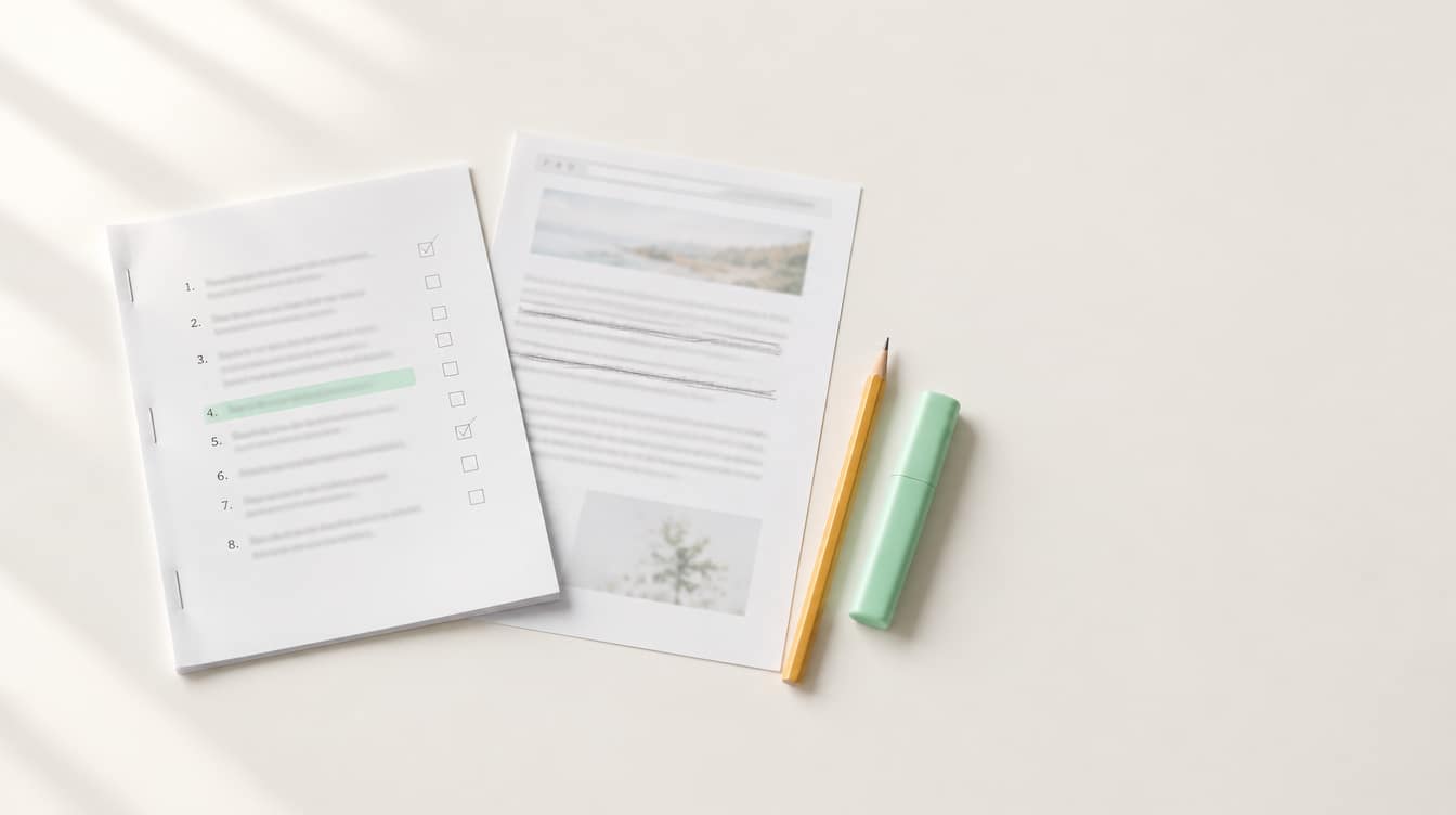 A stapled printed proposal on a light desk with an eight-line checklist, two lines ticked and one marked in mint highlighter, beside a printed web page with sentences struck through in pencil.