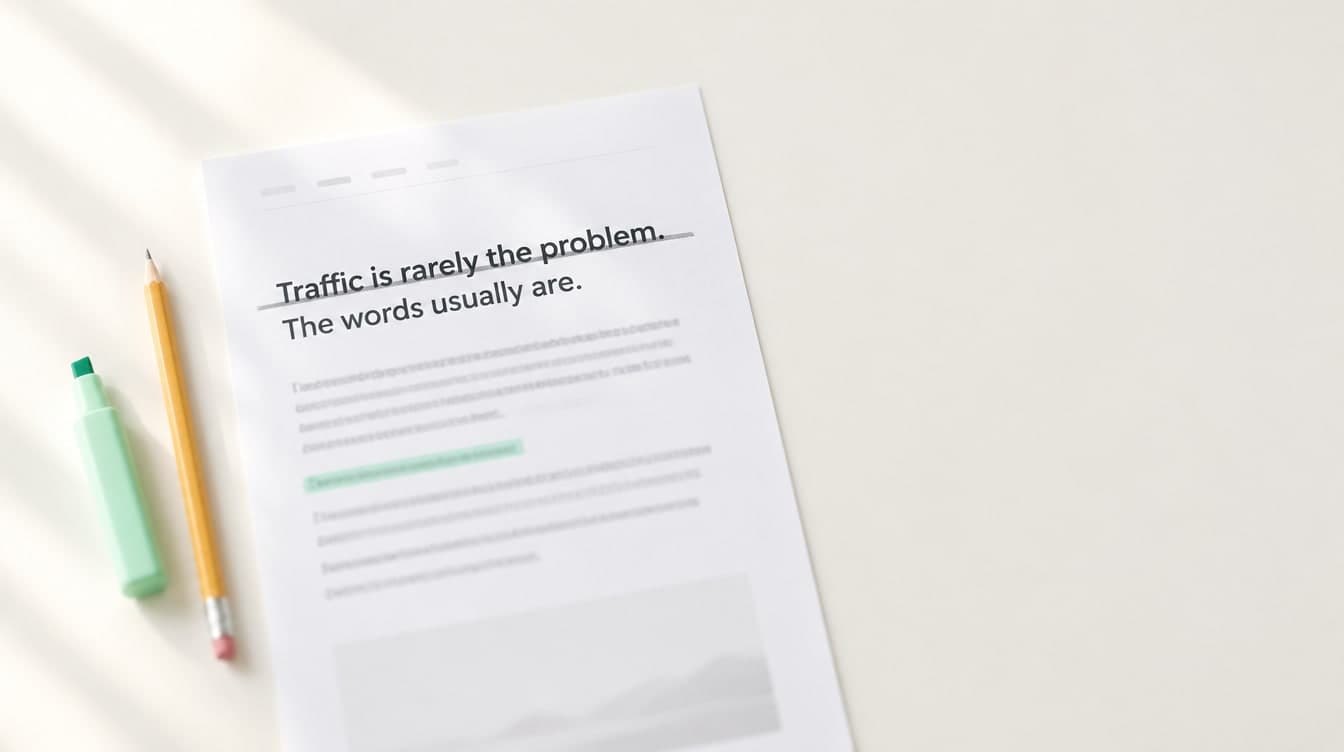 A printed homepage on a light desk, one sentence struck through in pencil and another marked in mint highlighter.