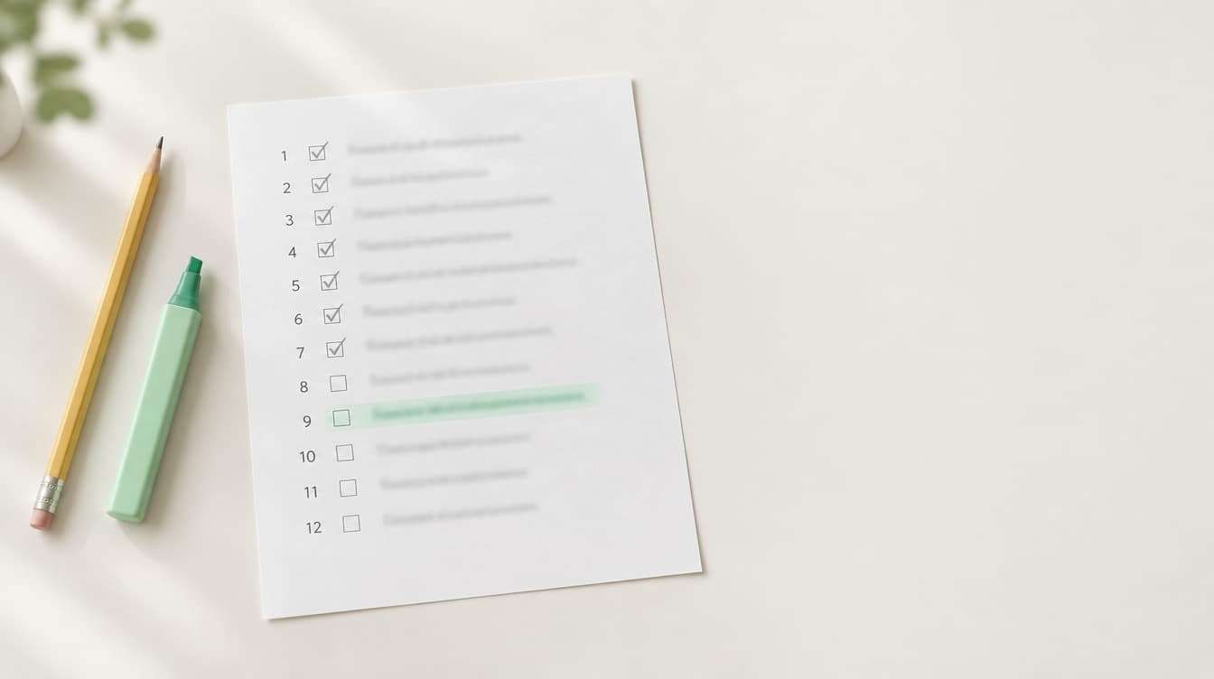 A printed website audit checklist on a light desk, the first seven items ticked in pencil and the ninth marked in mint highlighter.