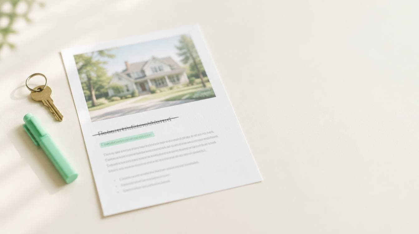 A printed agent homepage with a house photo on a light desk, the headline struck through in pencil and the line below marked in mint highlighter, a brass house key beside it.
