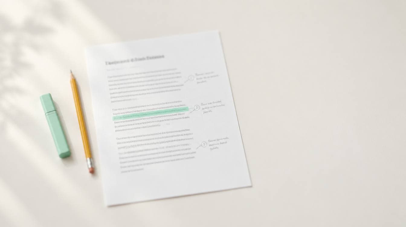 A printed homepage on a light desk with short margin notes in pencil beside several lines, one line marked in mint highlighter.